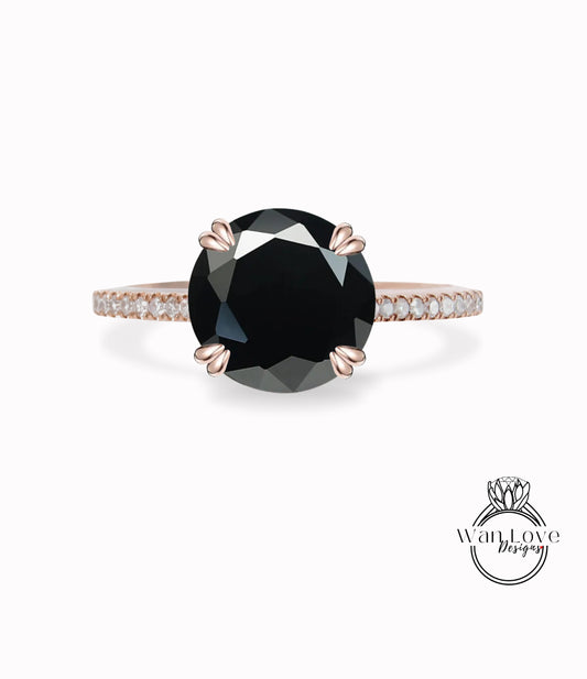 Black Spinel & Diamond Engagement Ring Round Solitaire Cathedral 14k 18k White Yellow Rose Gold-Platinum-Custom-Wedding, WanLoveDesigns