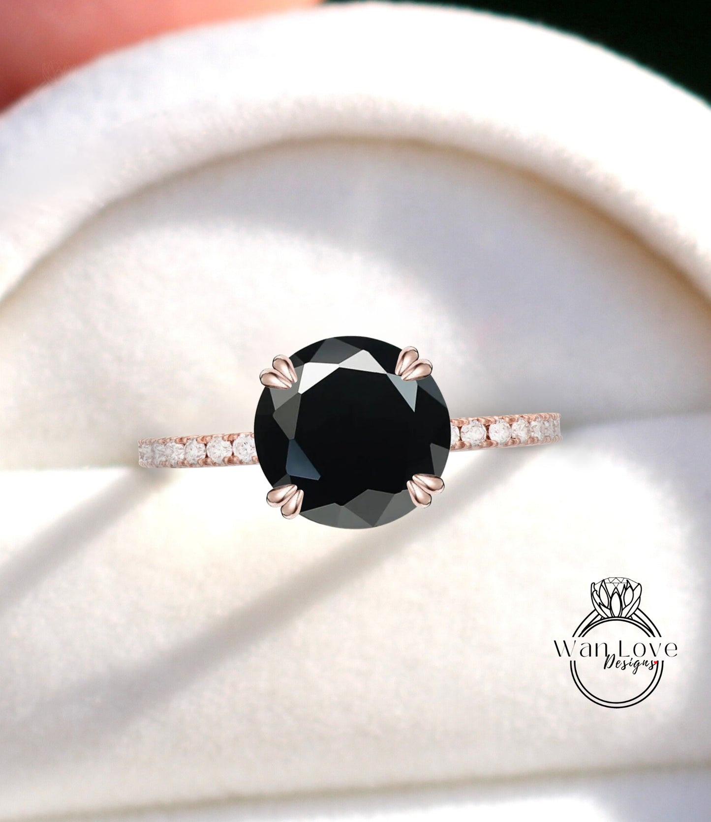 Anello di fidanzamento con spinello nero e diamanti Solitario rotondo Cattedrale 14k 18k Bianco Giallo Oro rosa-Platino-Matrimonio personalizzato, WanLoveDesigns