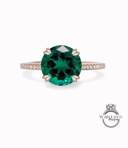 Emerald & Diamond Round Engagement Ring Double prong Solitaire, 14k 18k White Rose Yellow Gold Platinum Custom made Wedding Anniversary Gift