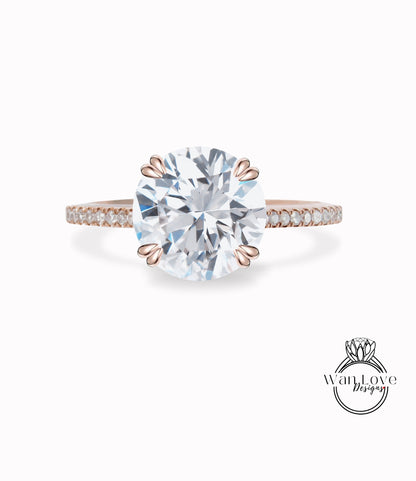 White Sapphire & Diamond Engagement Ring Round Solitaire 14k 18k White Yellow Rose Gold-Platinum-Custom made-Wedding-Anniversary