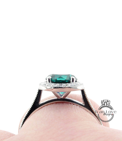 Cushion Cut Emerald Engagement Ring, Diamond/Moissanite Halo Wedding Ring, Half Eternity Diamond Milgrain Custom Ring, 14k/18k Gold Ring