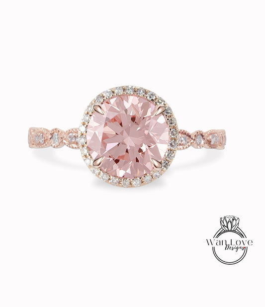 Peach Sapphire & Diamond Scalloped Engagement Ring, Round Halo Moissanite Ring, Milgrain Vintage Sapphire Bridal Ring, Custom