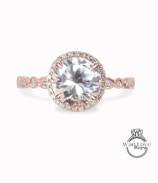 Light Pink Sapphire & Diamond Round Halo Scalloped Engagement Ring, Round Halo Moissanite Ring, Milgrain Vintage Sapphire Bridal Ring, Custom Rose gold Ring