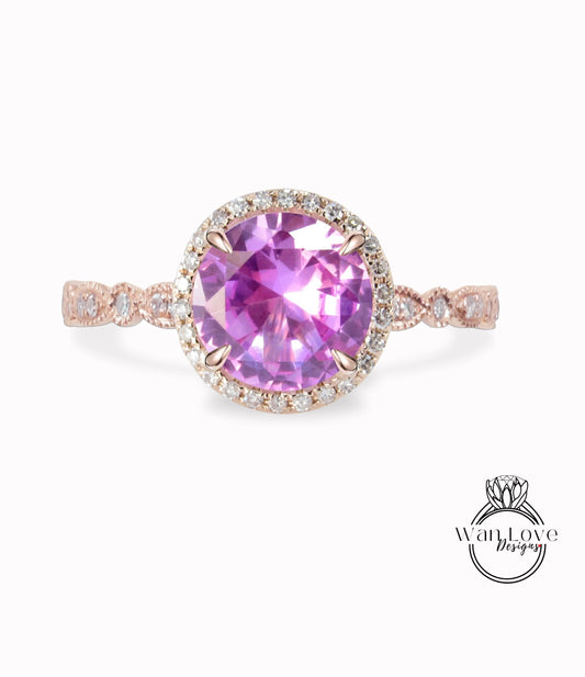 Pink Sapphire & Diamond Round Halo Scalloped Engagement Ring, Round Halo Moissanite Ring, Milgrain Vintage Sapphire Bridal Ring, Custom Rose gold Ring