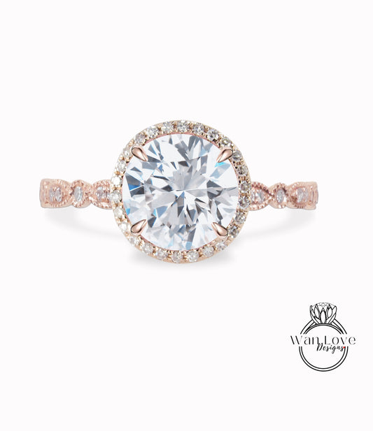 White Sapphire & Diamond Round Halo Scalloped Engagement Ring, Round Halo Moissanite Ring, Milgrain Vintage Sapphire Bridal Ring, Custom Rose gold Ring