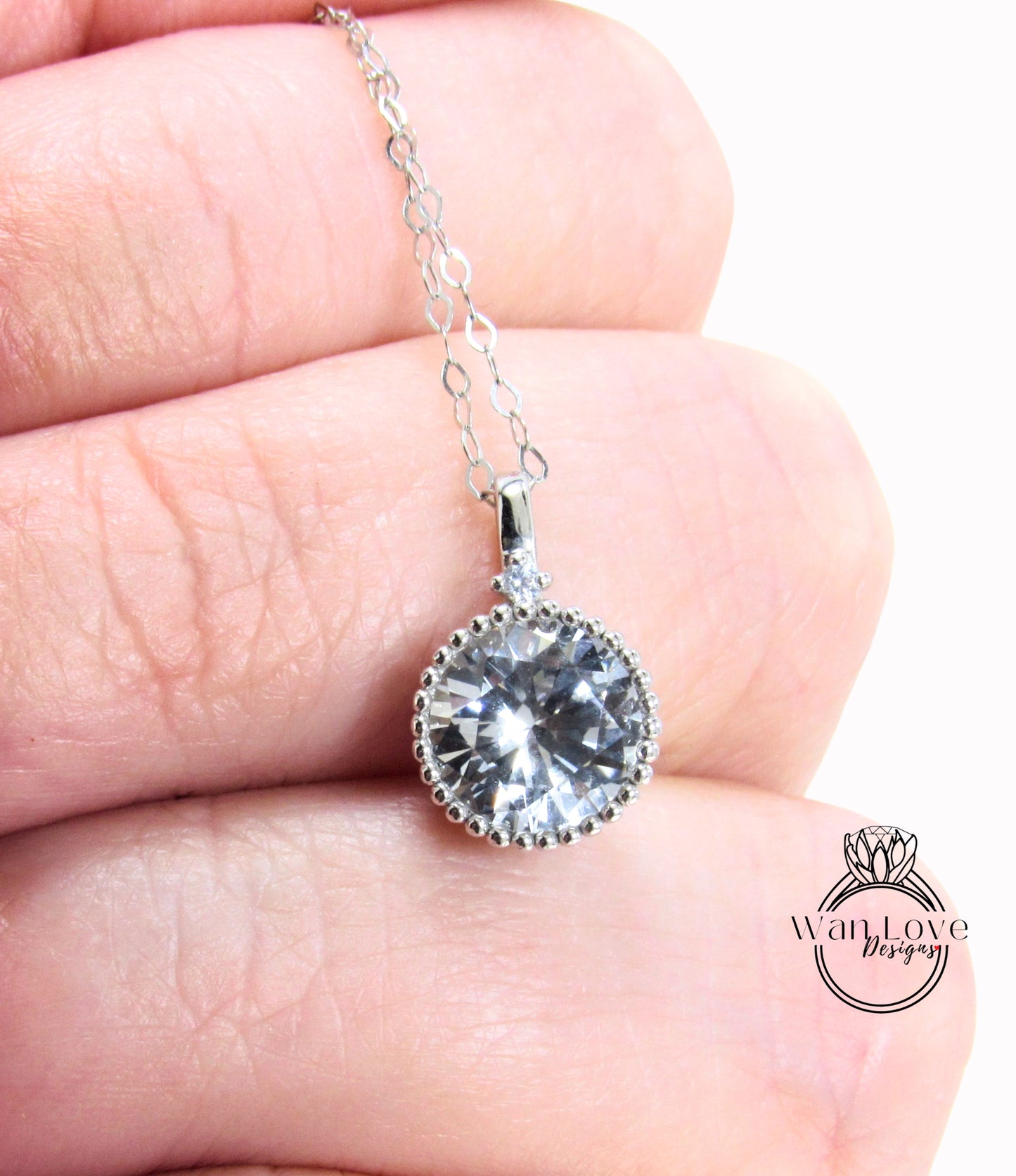 White Sapphire Round Milgrain Charm Necklace Thin Chain 2ct round milgrain bezel vintage Wedding jewelry Anniversary Gift hers Ready to ship