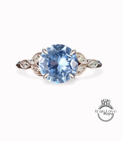 Aquamarine Blue Spinel & Diamond Round Leaf Antique Cluster Engagement Ring Engraved Milgrain Smooth 14kt 18kt Gold Platinum Custom Wedding