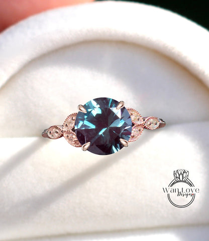 Alexandrite & Diamonds Round Leaf Antique Cluster Engagement Ring Engraved Milgrain Smooth 14kt 18kt Gold Platinum Custom Wedding