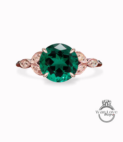 Emerald & Diamonds Round Leaf Antique Cluster Engagement Ring Engraved Milgrain Smooth 14kt 18kt Gold Platinum Custom Wedding