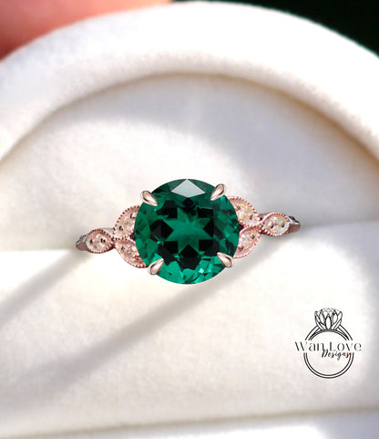 Emerald & Diamonds Round Leaf Antique Cluster Engagement Ring Engraved Milgrain Smooth 14kt 18kt Gold Platinum Custom Wedding