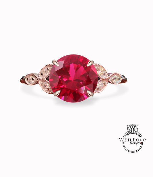Ruby & Diamonds Round Leaf Antique Cluster Engagement Ring Engraved Milgrain or Smooth 14kt 18kt Gold Platinum Custom Wedding