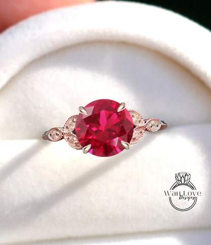 Ruby & Diamonds Round Leaf Antique Cluster Engagement Ring Engraved Milgrain or Smooth 14kt 18kt Gold Platinum Custom Wedding