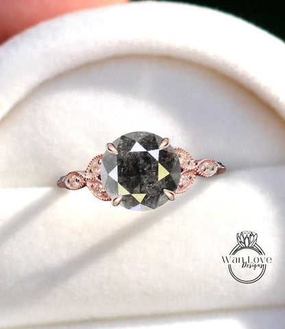 Salt & Pepper Galaxy Diamond Round Leaf Antique Cluster Engagement Ring Engraved Milgrain or Smooth 14kt 18kt Gold Platinum Custom Wedding