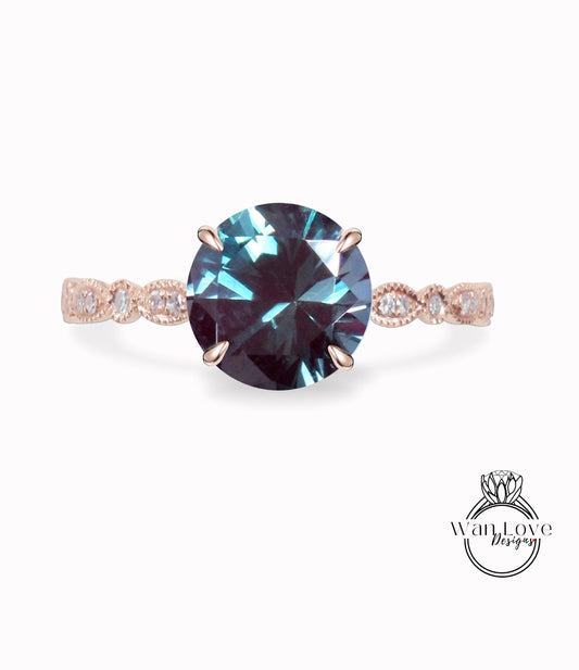 Round Alexandrite Ring Vintage Solid Rose Gold Engagement Ring scalloped Diamond Wedding Ring Art Deco milgrain Promise Anniversary gift