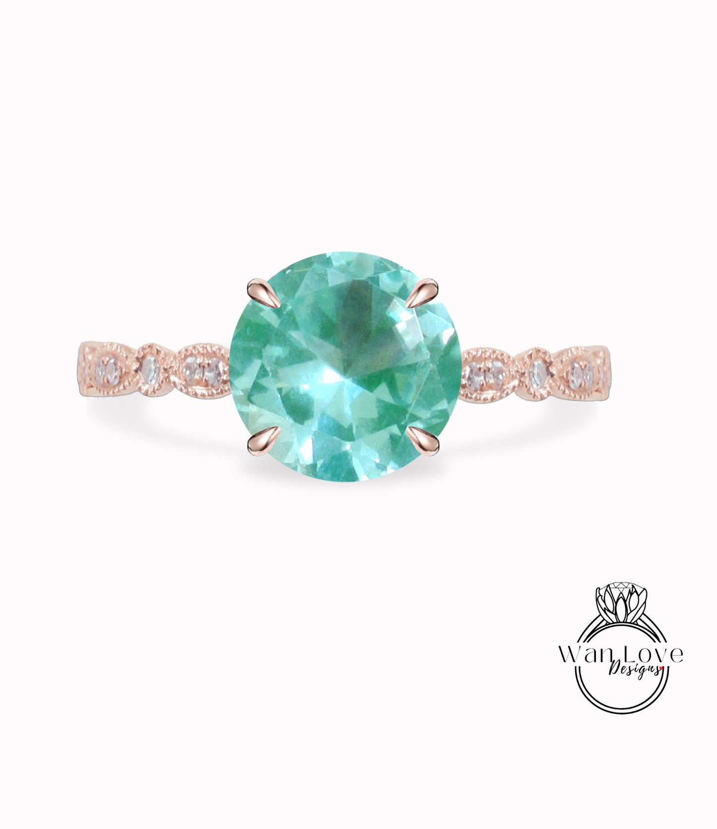 Spinello verde acqua rotondo e diamanti Art Déco con pavé vintage CON o SENZA fedi nuziali di fidanzamento Milgrain, oro massiccio rosa bianco giallo 14kt 18kt