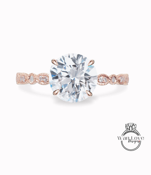 Vintage Round cut White Sapphire engagement ring Rose gold ring Art deco Diamond Milgrain antique wedding Bridal Anniversary promise ring