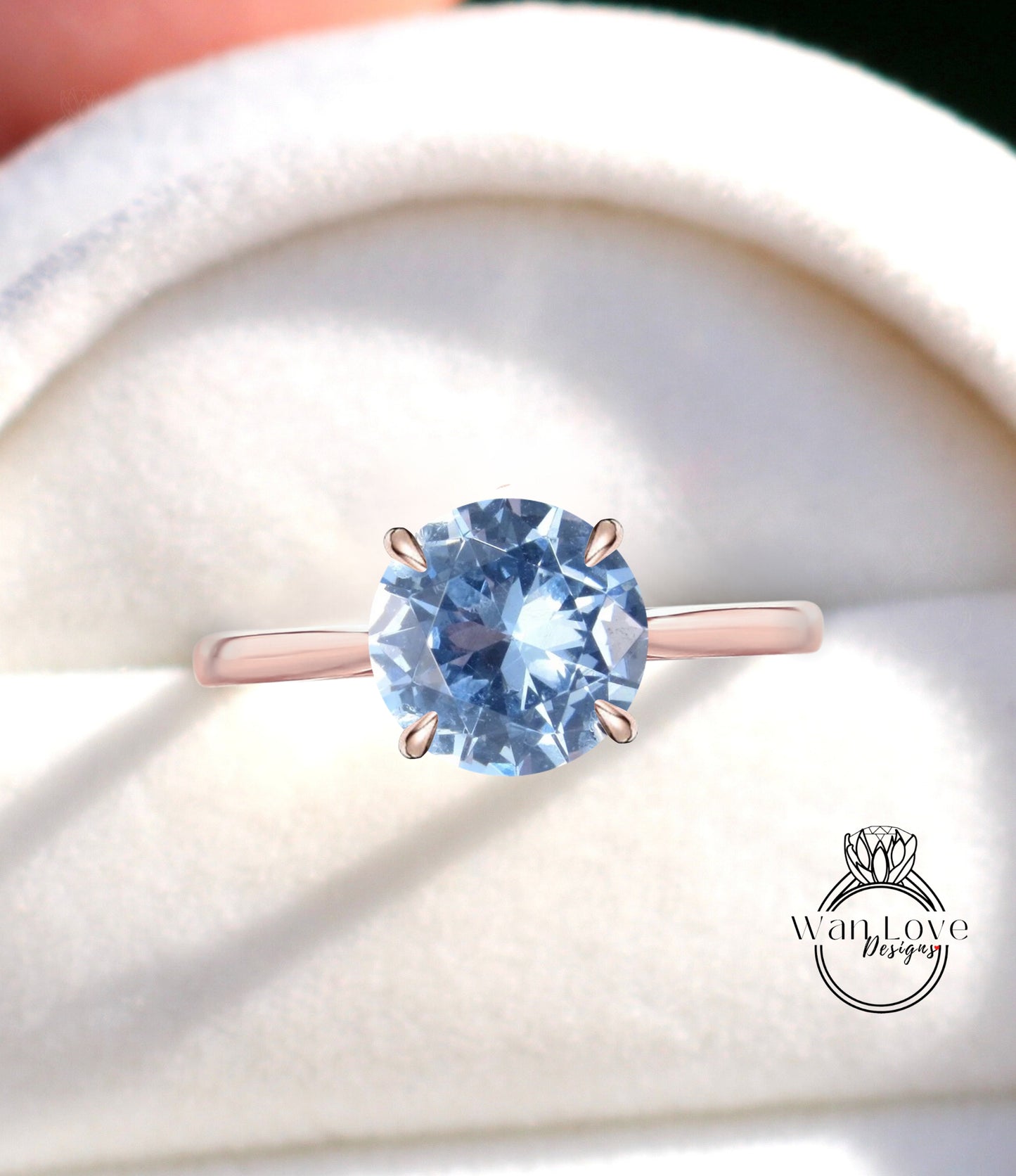 Aquamarine Light Blue Spinel Side Halo Plain Band Round Engagement Ring, Cathedral Solitaire 14kt 18t Gold-Platinum-Custom-Wedding