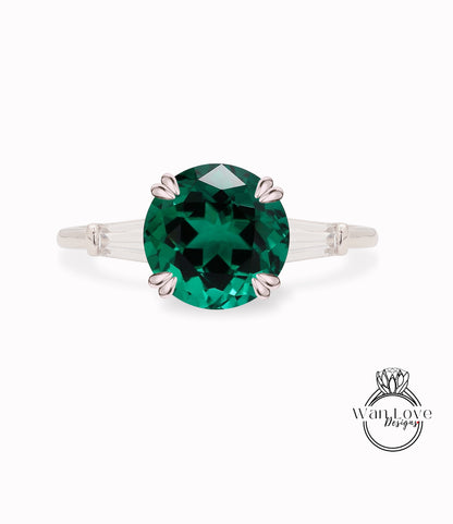 Emerald Moissanite Round Tapered Baguette 3 gem Engagement Ring, Custom 14k 18k White Yellow Rose Gold Platinum Wedding Anniversary