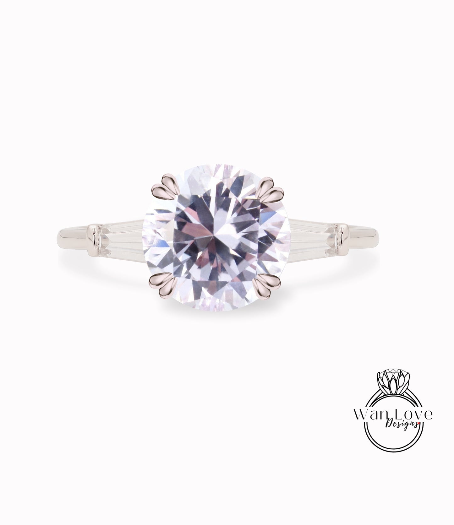 Light Pink Sapphire & Moissanite Round Tapered Baguette 3 gem Engagement Ring, Custom 14k 18k White Yellow Rose Gold Platinum Wedding