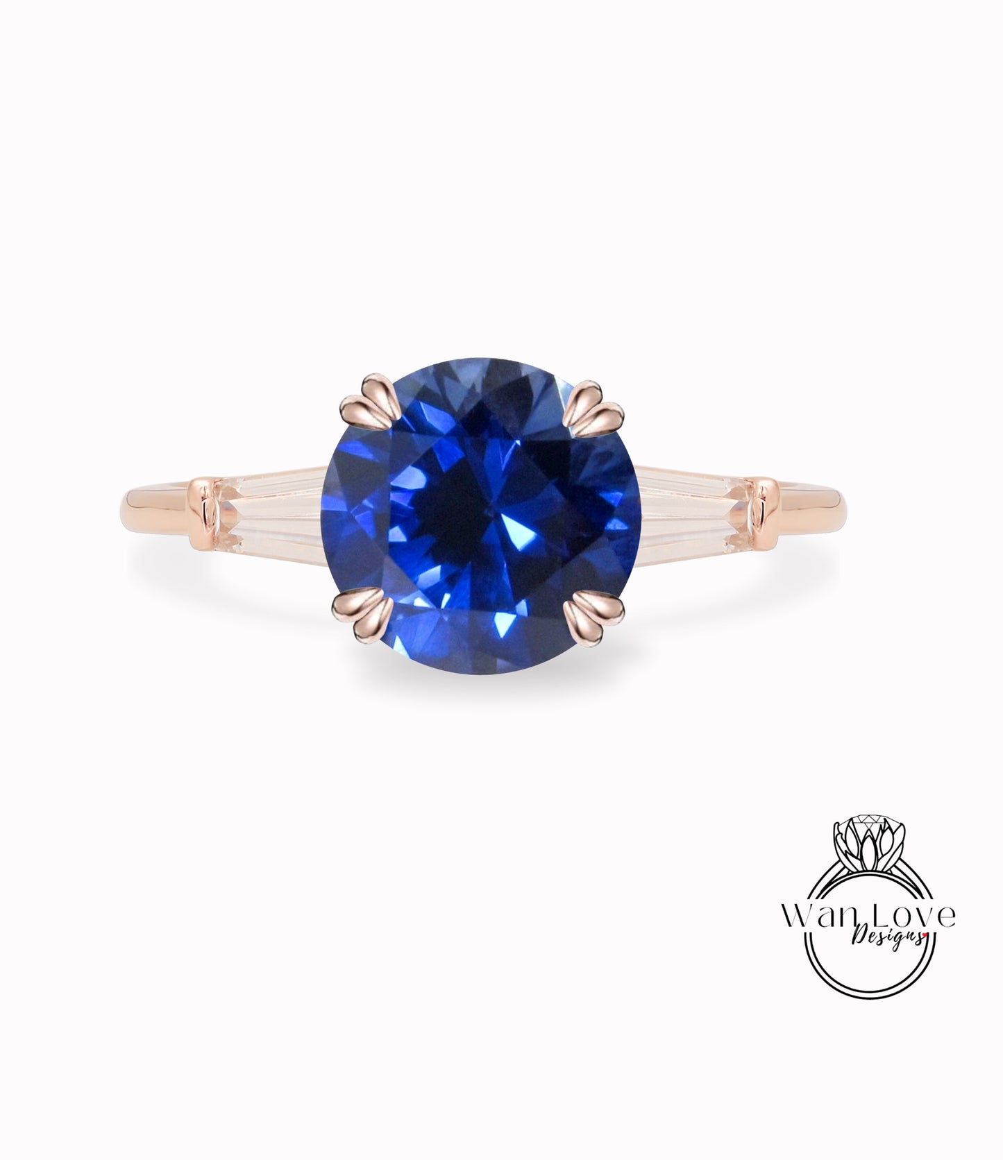 Blue Sapphire Moissanite Round Tapered Baguette 3 gem Engagement Ring, Custom 14k 18k White Yellow Rose Gold Platinum Wedding
