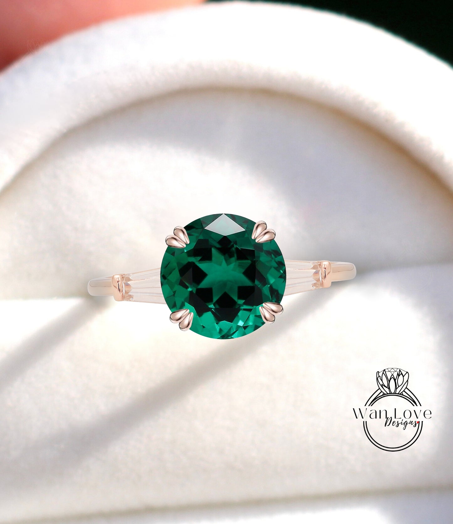 Emerald Moissanite Round Tapered Baguette 3 gem Engagement Ring, Custom 14k 18k White Yellow Rose Gold Platinum Wedding Anniversary