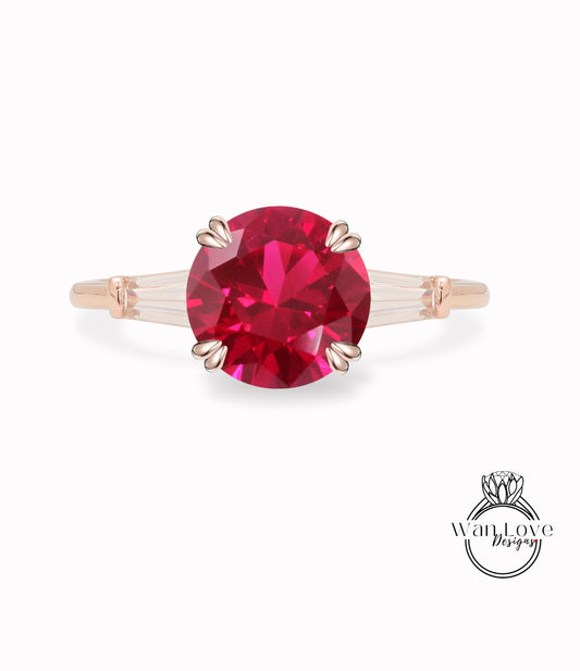 Ruby Moissanite Round Tapered Baguette 3 gem Engagement Ring, Custom 14k 18k White Yellow Rose Gold Platinum Wedding Anniversary Gift