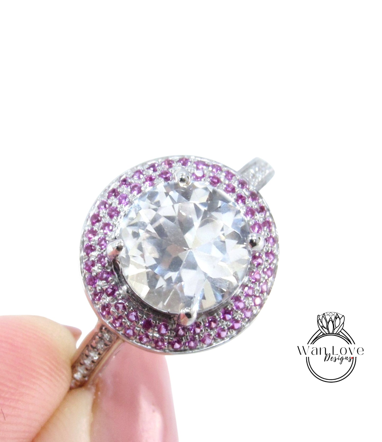 Anello di fidanzamento Halo con zaffiro bianco e rubino, art deco 2 Anello Halo con doppio pavé Anello da 2 ct rotondo anello anniversario di matrimonio vintage Regalo pronto per la spedizione