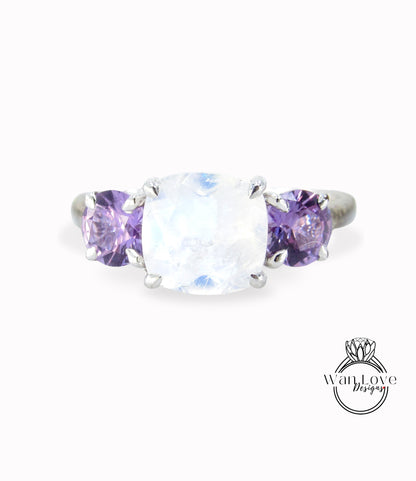 Moonstone Purple Sapphire Alexandrite Color 3 Stone Cushion Round Engagement Ring-2 1 ct 8mm 5mm-Silver Rhodium-Custom-Wedding-Ready to Ship