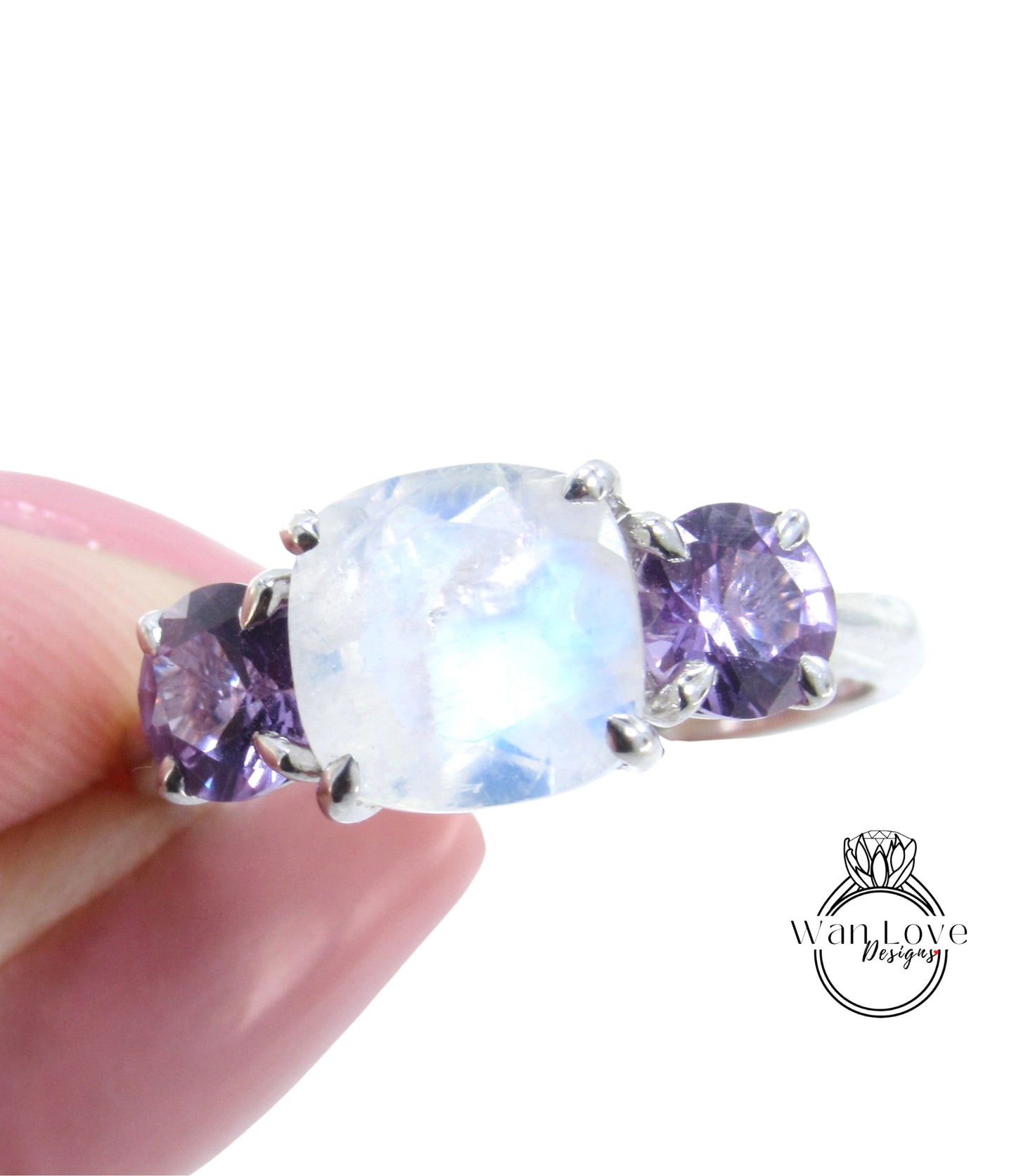 Moonstone Purple Sapphire Alexandrite Color 3 Stone Cushion Round Engagement Ring-2 1 ct 8mm 5mm-Silver Rhodium-Custom-Wedding-Ready to Ship