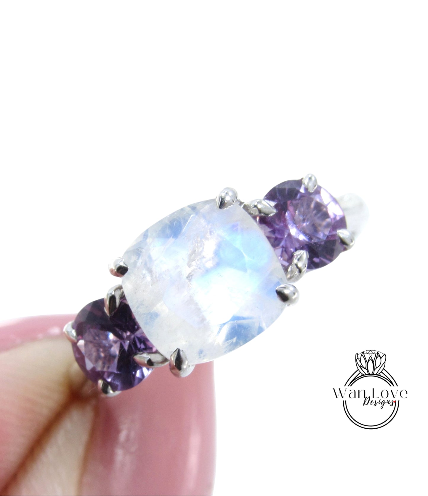 Moonstone Purple Sapphire Alexandrite Color 3 Stone Cushion Round Engagement Ring-2 1 ct 8mm 5mm-Silver Rhodium-Custom-Wedding-Ready to Ship