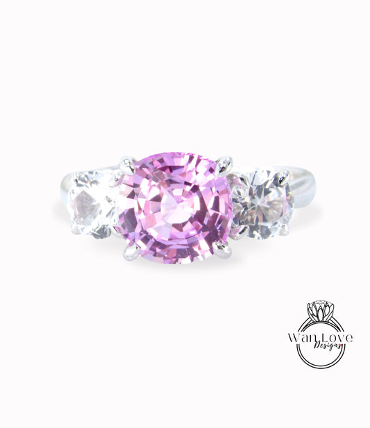 Anello di fidanzamento rotondo con zaffiro rosa e bianco, 3 pietre preziose, 3 ct, 8 mm, 75 ct, 5 mm, argento rodiato, misura 6,5, anniversario di matrimonio, pronto per la spedizione