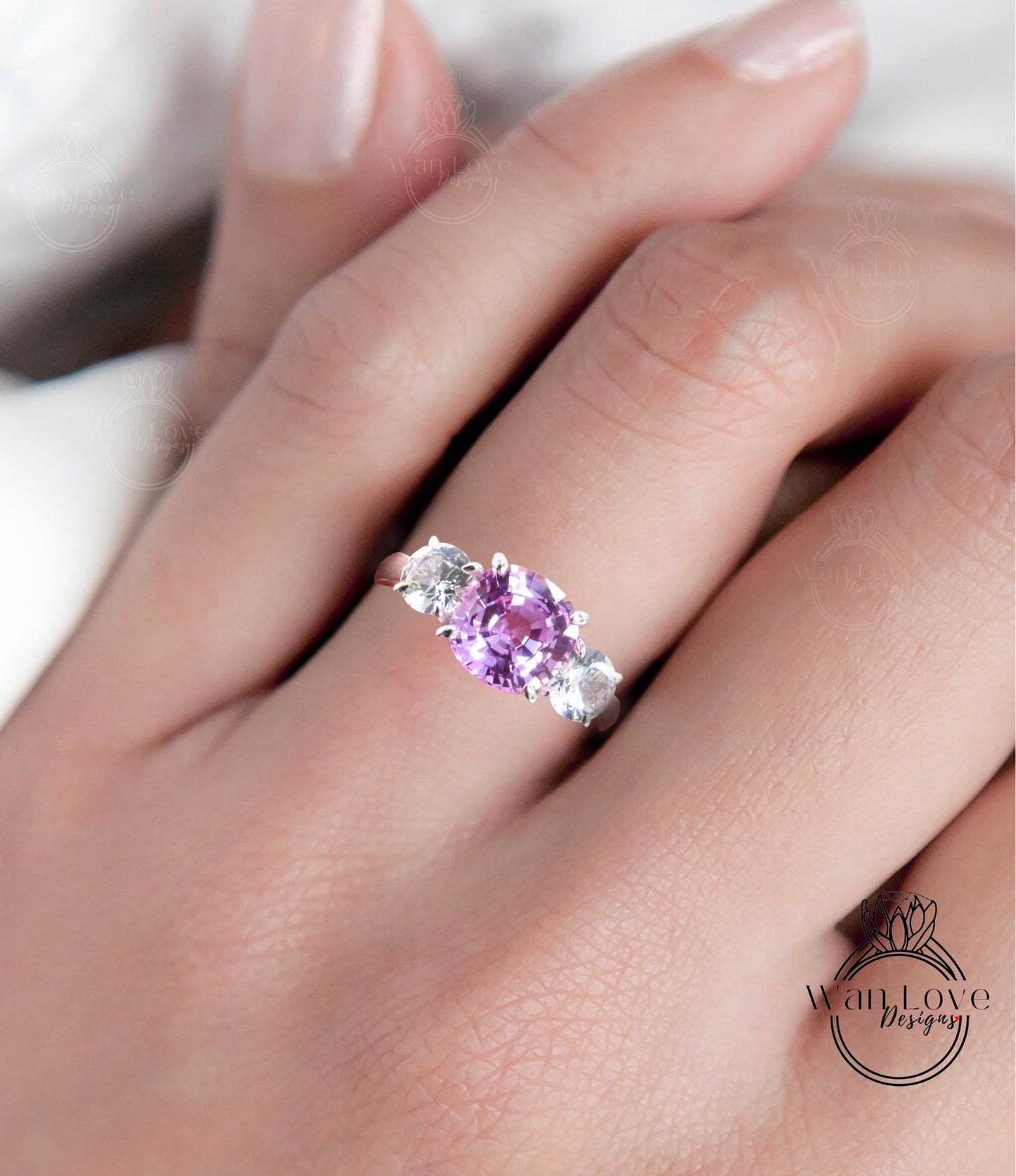 Pink & White Sapphire Cushion Round Engagement Ring-3 Gem Stone-3ct-8mm-.75ct-5mm-Silver Rhodium-Size 6.5-Wedding-Anniversary-Ready to ship