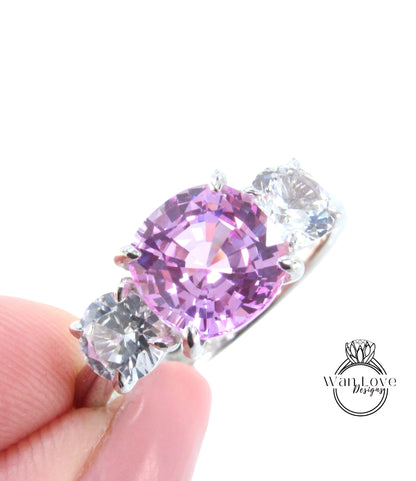 Pink & White Sapphire Cushion Round Engagement Ring-3 Gem Stone-3ct-8mm-.75ct-5mm-Silver Rhodium-Size 6.5-Wedding-Anniversary-Ready to ship