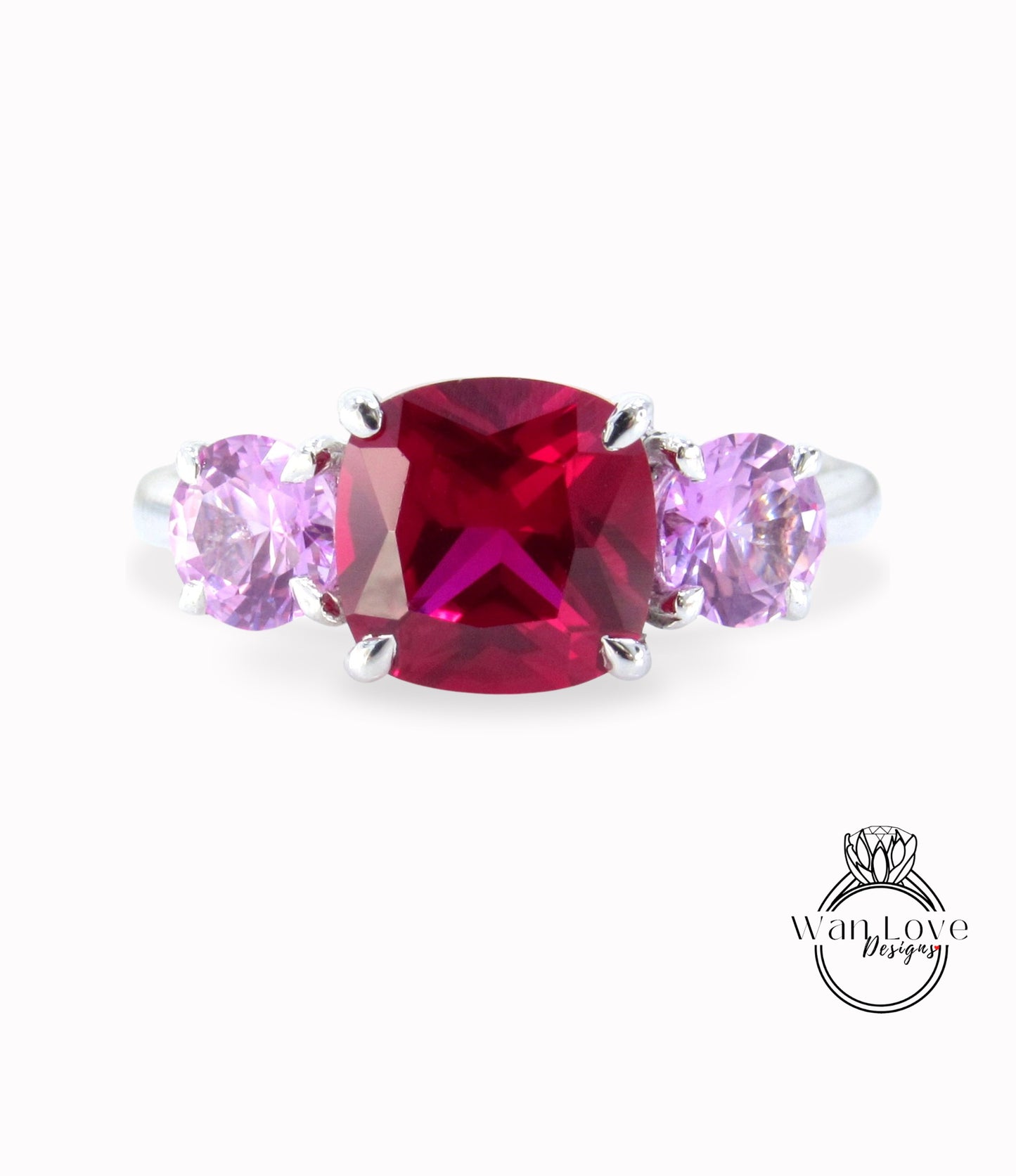 Cushion cut engagement ring vintage Ruby Pink Sapphire engagement ring women Art deco Three stone Alternative Round wedding Anniversary gift