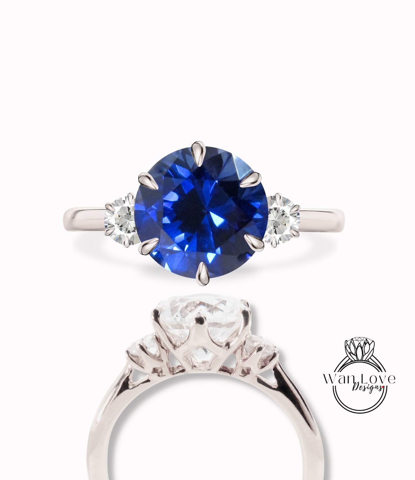 Anello di fidanzamento con 3 pietre Moissanite e zaffiro blu, rotondo, 2 ct, 8 mm, 3 mm, 14 kt, bianco giallo, oro rosa 18 kt, platino, regalo di anniversario personalizzato, impegno