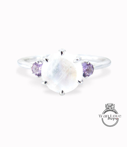 Moonstone & Alexandrite Color Change Sapphire 3 GemStone Engagement Ring, Trellis, Round, Custom, Wedding, Anniversary Gift