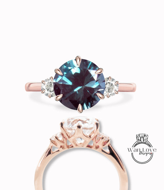 Alexandrite & Diamond 3 gem Stone Engagement Ring Round three gemstone ring 14k 18k White Yellow Rose Gold Platinum-Custom-Wedding Anniversary Gift