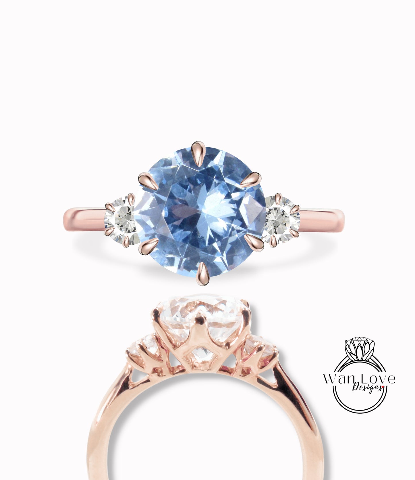 Anello di fidanzamento con pietra preziosa Moissanite 3 spinello blu acquamarina, 2 ct, 8 mm, 3 mm, personalizzato, matrimonio, regalo di anniversario, pietra preziosa di impegno