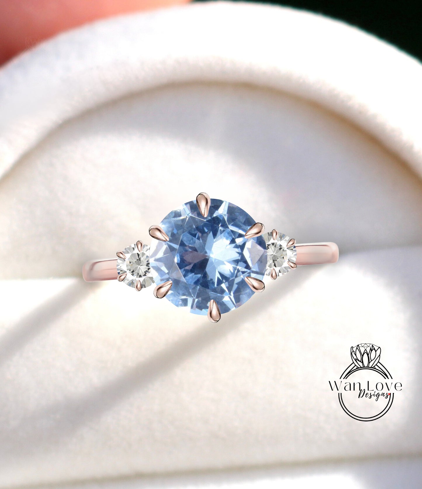 Anello di fidanzamento con pietra preziosa Moissanite 3 spinello blu acquamarina, 2 ct, 8 mm, 3 mm, personalizzato, matrimonio, regalo di anniversario, pietra preziosa di impegno