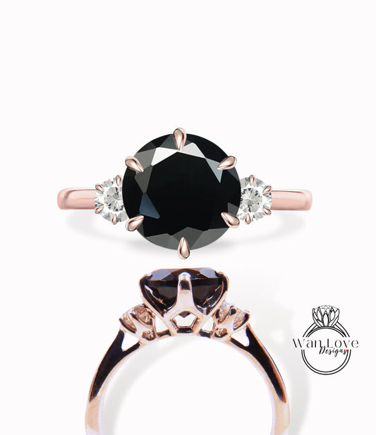 Black Spinel & Diamond 3 gem Stone Engagement Ring Round three gemstone ring 14k 18k White Yellow Rose Gold Platinum-Custom-Wedding Anniversary Gift