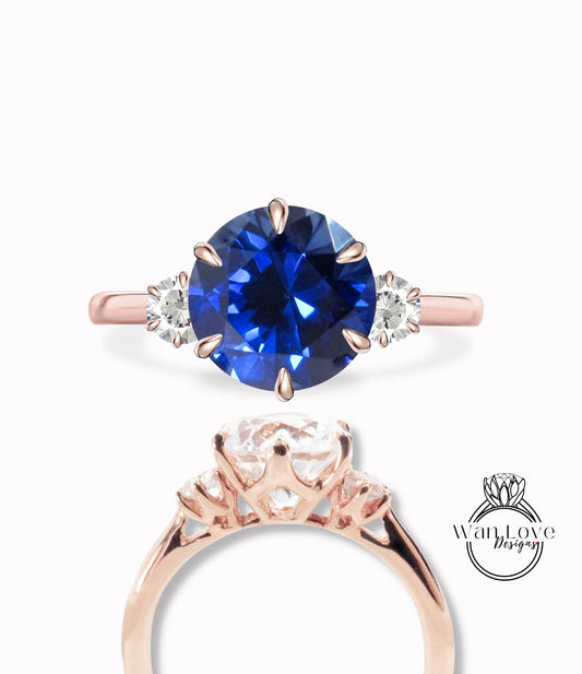 Anello di fidanzamento con 3 pietre Moissanite e zaffiro blu, rotondo, 2 ct, 8 mm, 3 mm, 14 kt, bianco giallo, oro rosa 18 kt, platino, regalo di anniversario personalizzato, impegno