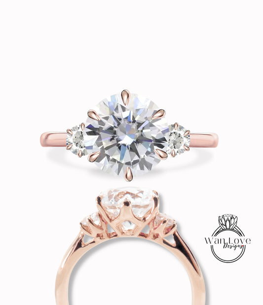 Moissanite & Diamond 3 gem Stone Engagement Ring 6 prong trellis Round three gemstone ring 14k 18k White Yellow Rose Gold Platinum-Custom-Wedding Anniversary Gift