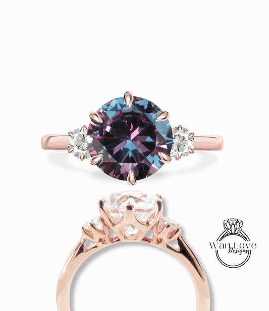 Purple Sapphire Alexandrite Color & Diamond 3 gem Stone Engagement Ring Round three gemstone ring 14k 18k White Yellow Rose Gold Platinum-Custom-Wedding Anniversary Gift