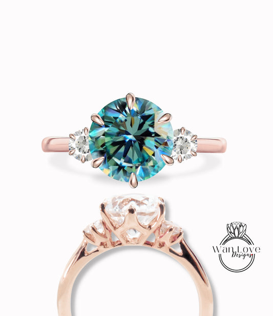 Blue Green moissanite & Diamond 3 gem Stone Engagement Ring 6 prong trellis Round three gemstone ring 14k 18k White Yellow Rose Gold Platinum-Custom-Wedding Anniversary Gift