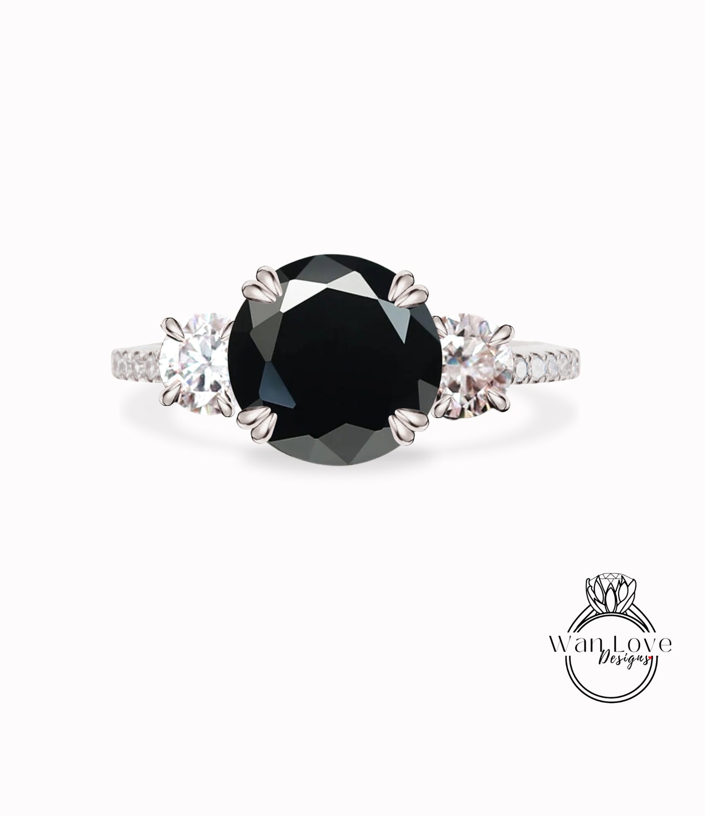 Anello con diamante spinello nero, anello con tre pietre Moissanite, anello di fidanzamento rotondo con moissanite, anello a fascia con diamanti