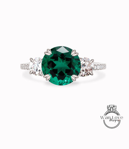 Anello con diamante a pera rotondo smeraldo, anello con tre pietre Moissanite, anello di fidanzamento verde rotondo, anello a fascia con diamanti