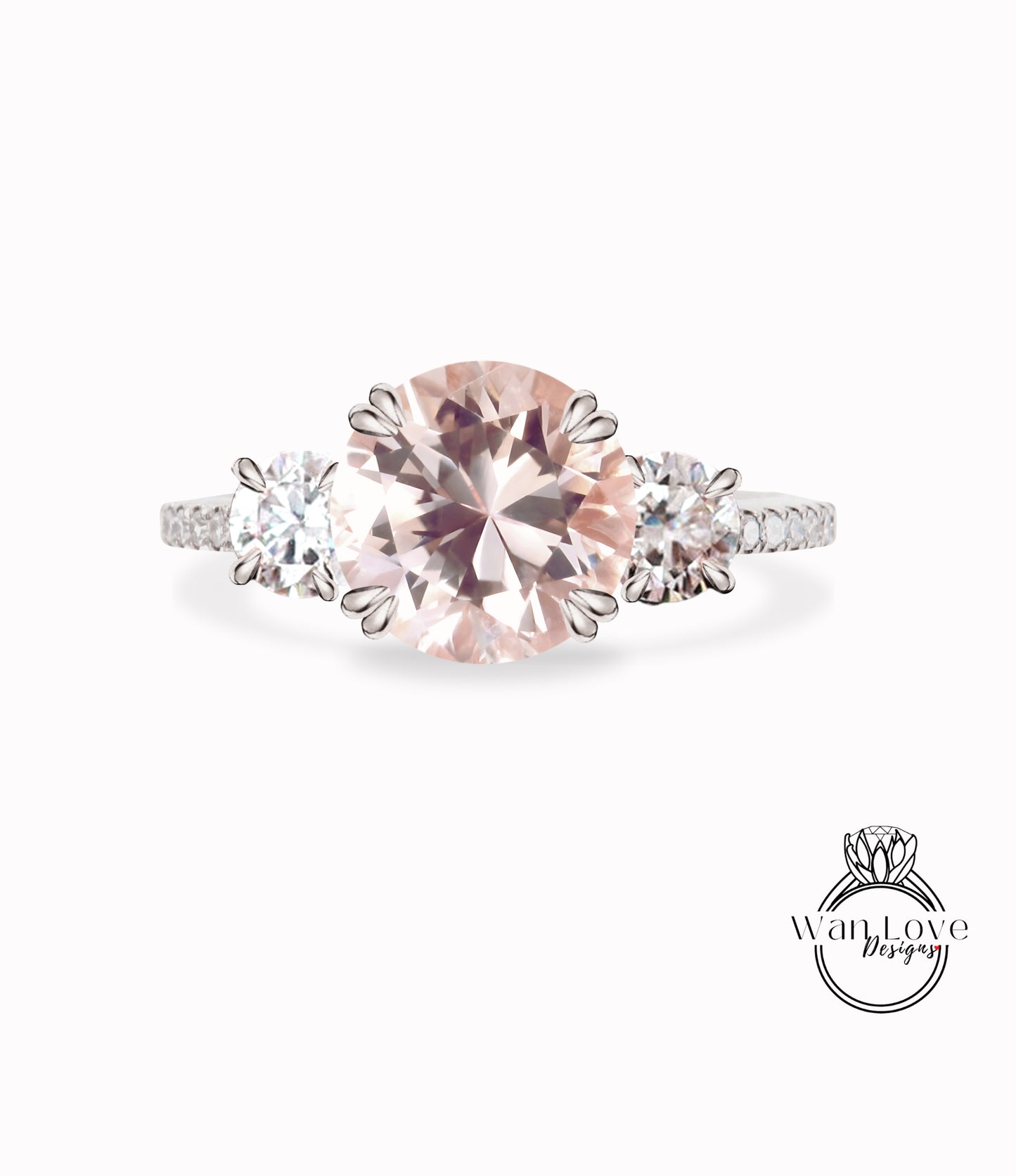 Anello di diamanti con zaffiro rosa chiaro, anello di Moissanite a tre pietre, anello di fidanzamento rosa rotondo, anello a fascia di diamanti