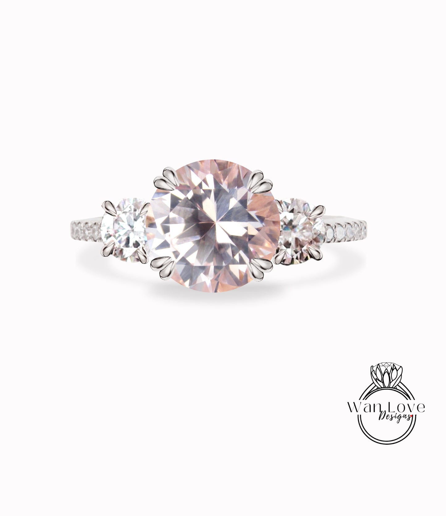 Peach Sapphire & Diamond 3 gemstone engagement Ring Diamond Round Three gem Stone bridal wedding Ring Anniversary Gift