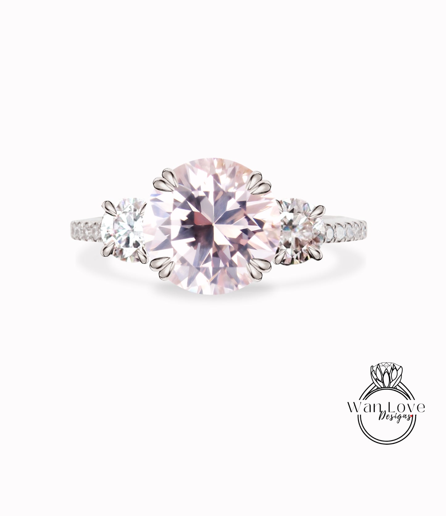 Anello di diamanti con zaffiro rosa chiaro, anello di Moissanite a tre pietre, anello di fidanzamento rosa rotondo, anello a fascia di diamanti