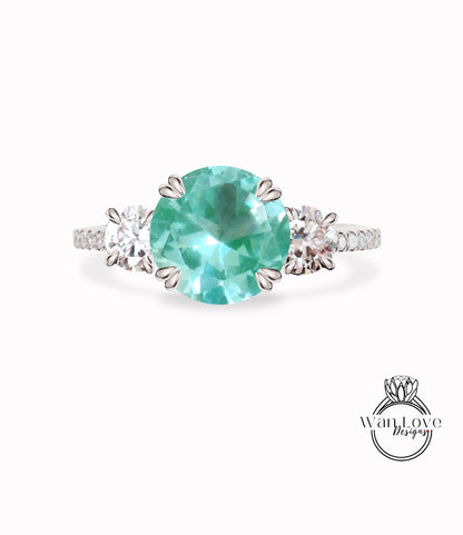 Anello di diamanti con spinello verde acqua, anello di Moissanite con tre pietre, anello di fidanzamento con spinello rotondo, anello con fascia di diamanti